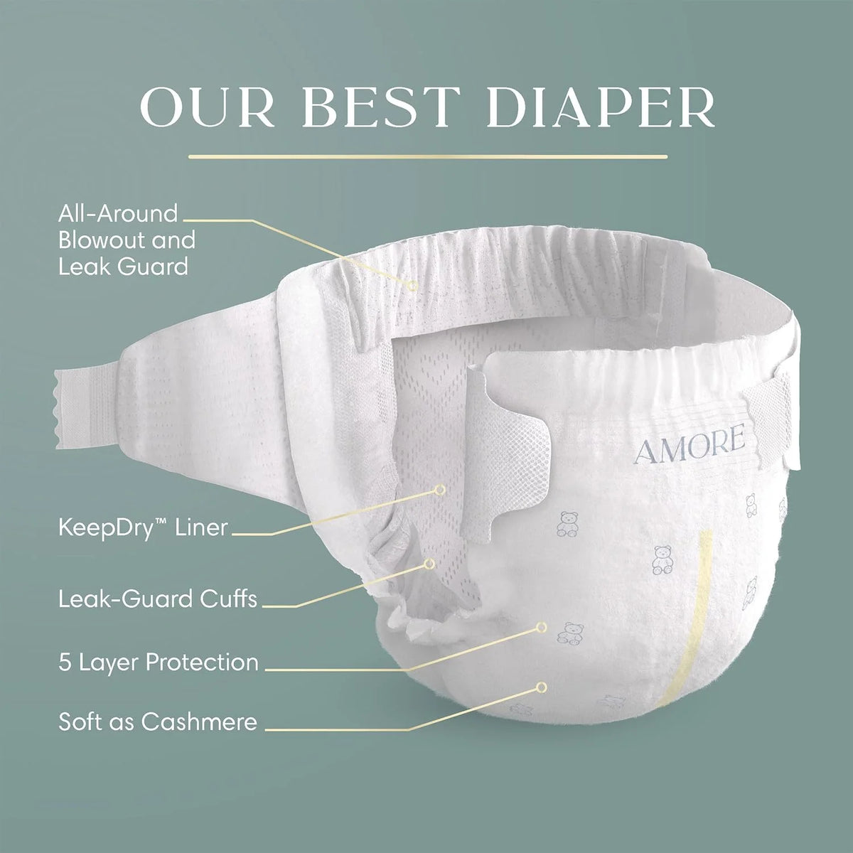 Pampers Amore, Size 4 (15-34 lbs), 58 Count, Our Best Diaper – Hypoallergenic & Fragrance Free, Up to 100% Leakproof, Soft as Cashmere