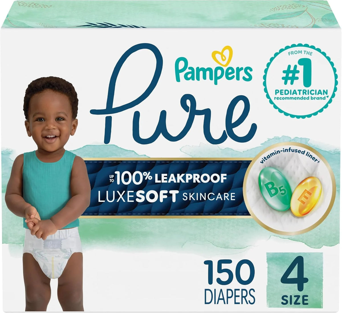 Pampers Pure Baby Diapers, Size 4 (22-37 lbs), 150