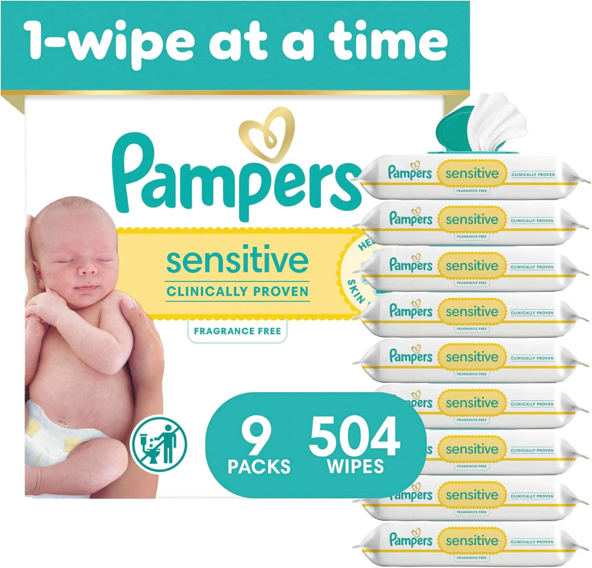 Pampers Sensitive Baby Wipes, Unscented, Fragrance Free, Clinically Proven, Water Based, Hypoallergenic, Multi-Use, Hand Wipes, 504 Wipes Total (9X Flip-Top Packs)