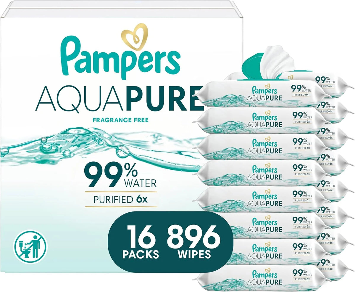 Pampers Aqua Pure Baby Wipes, Unscented, Fragrance Free, 99% Water, Water Based, Multi-Use, 896 Wipes Total (16X Flip-Top Packs)